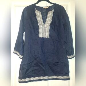 Tory Burch Linen Embroidered Tunic Top Size X Small 100%‎ Linen Blue White